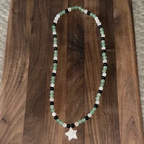 White Quartz Star Necklace(Black Obsidian, Quartz and Green Aventurine) - Picture 4 of 5